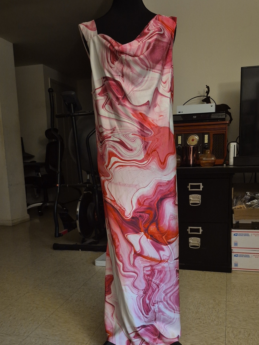 DKNY Pink and Coral Marble Midi Dress